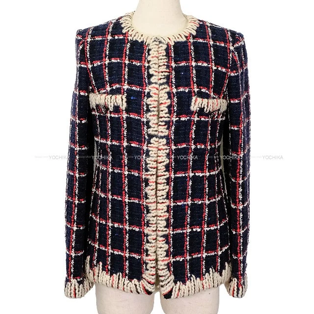 Chanel — [Pre-loved] CHANEL chain COCO button tweed window check Navy/Red/Blue Wool/C...