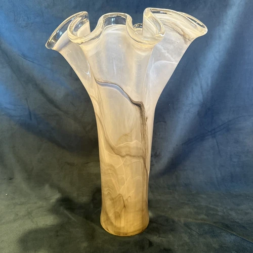 MURANO 17” Tall RUFFLED TOP SWIRL VASE w/GREY & WHITE SWIRLS  EX TALL!