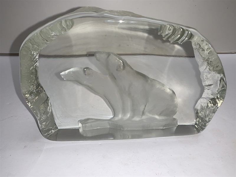 Viking Art Glass Polar Bears Clear Paperweight LG Heavy 