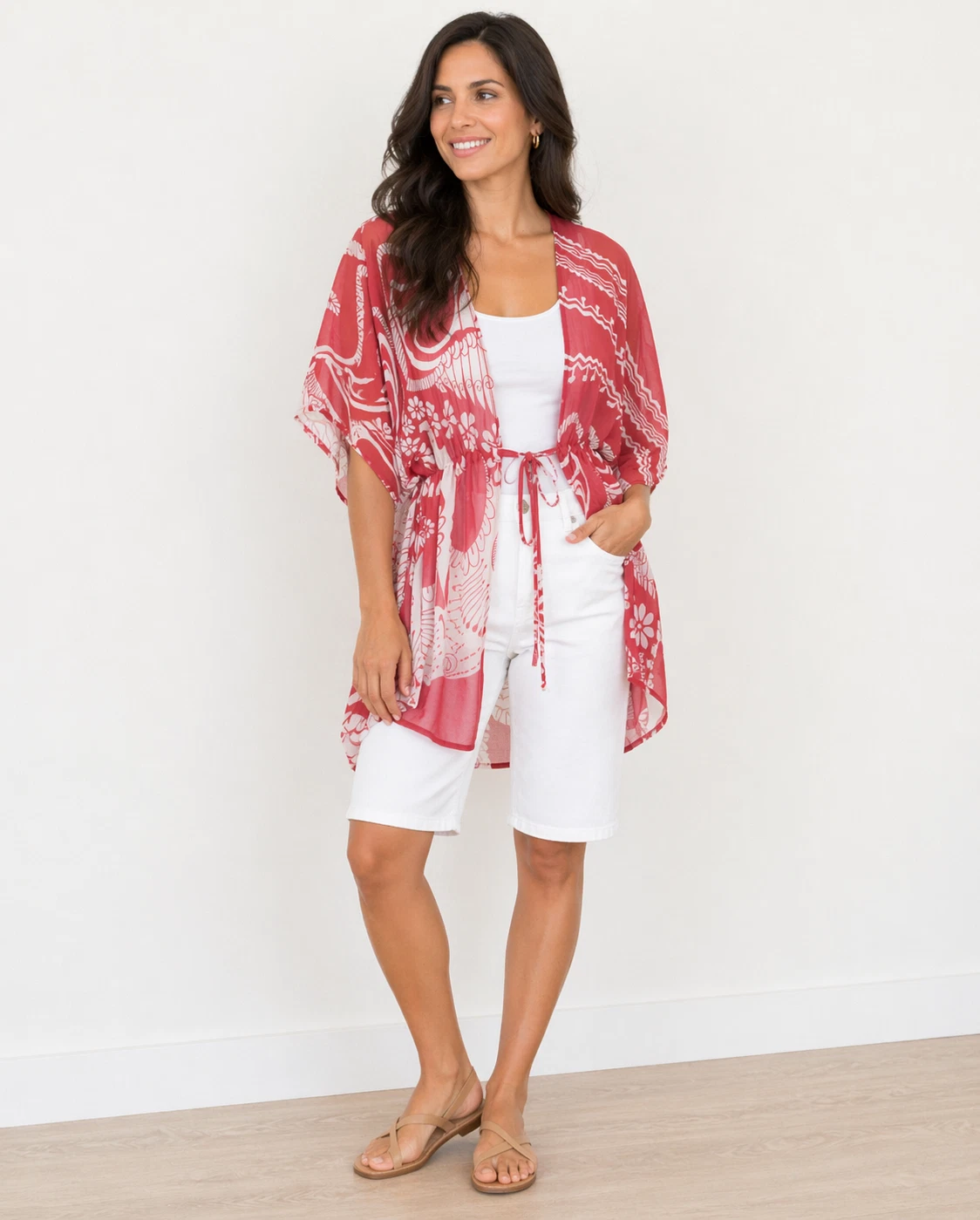 FOREVER Sheer Top Poncho Kimono Coverup Front Tie RED size Small Made USA