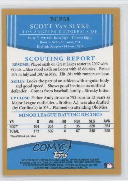 2008 Bowman Chrome Prospects Gold Refractor /50 Scott Van Slyke #BCP58 - Image 2 of 2