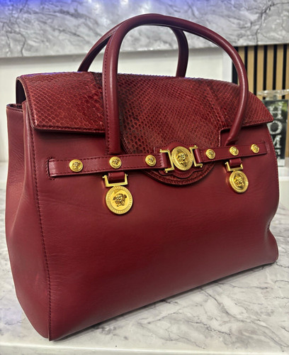 Versace Burgundy Leather Medusa Snake Print Satchel Top Handle Detachable Strap