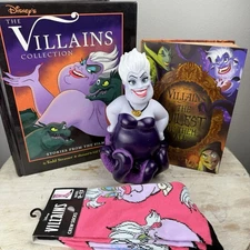 The Villains Collection Lot Of 4 Ursula Figure Socks & 2 Disney Villain Books