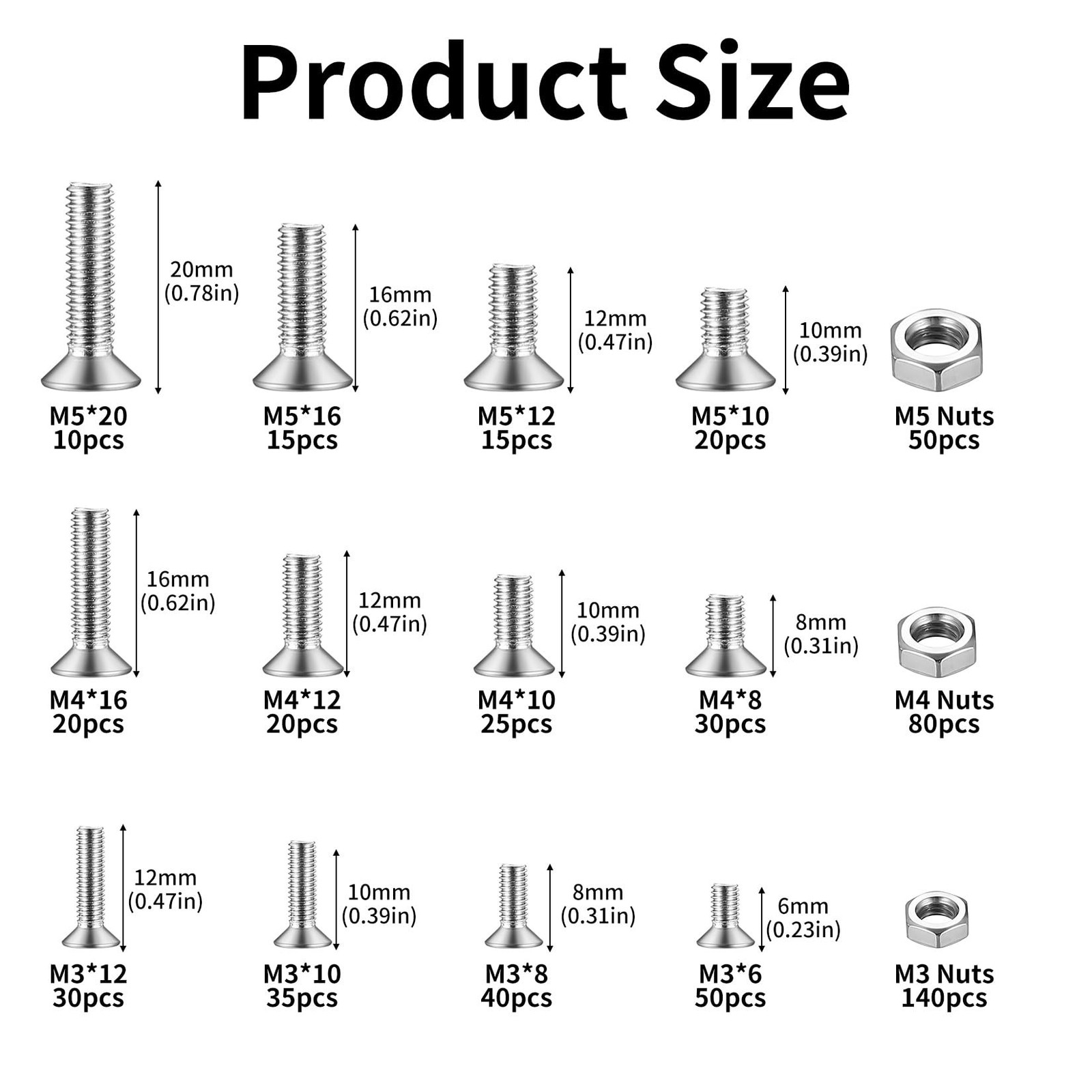 580 Pcs M3 M4 M5 Screws and Nuts Set, Countersunk Bolts and Nuts Assortment, ...