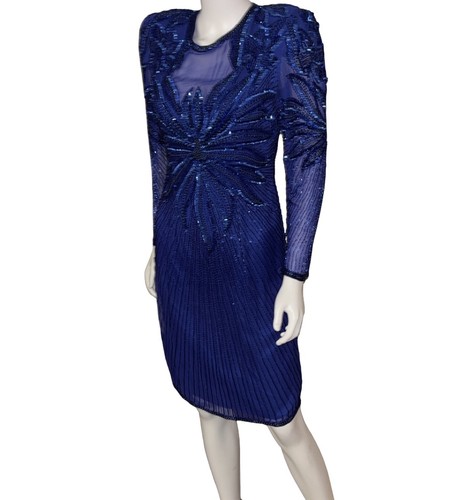 Vintage Niteline Blue Silk Sequin Beaded Dress Size 6 P2P 18”