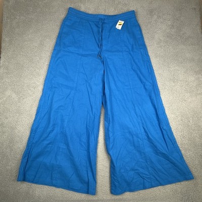 Simply Vera Wang Wide Leg Linen Pants Womens L Blue Coastal Natural Flowy Boho