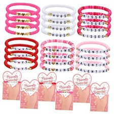 36 Pcs Valentine's Day Gifts Heart Bracelets and Cards Pink Red Love Heishi
