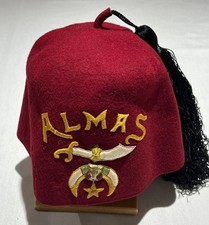Vintage Masonic Temple Shriners Fez Hat Embroidered Almas Red With Black Tassel