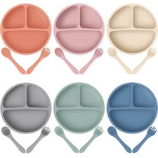 Potchen 6 Pack Suction Plates for Babies with Spoon Fork Silicone Divided Suc...