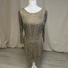 SCALA Pewter Sequin Mini Dress Sz 8 Embellished Prom Cocktail Party Glam