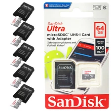 SanDisk Ultra MicroSD Card 64GB UHS-I Class10 With Adapter 100Mb/s Pack of 5 Lot