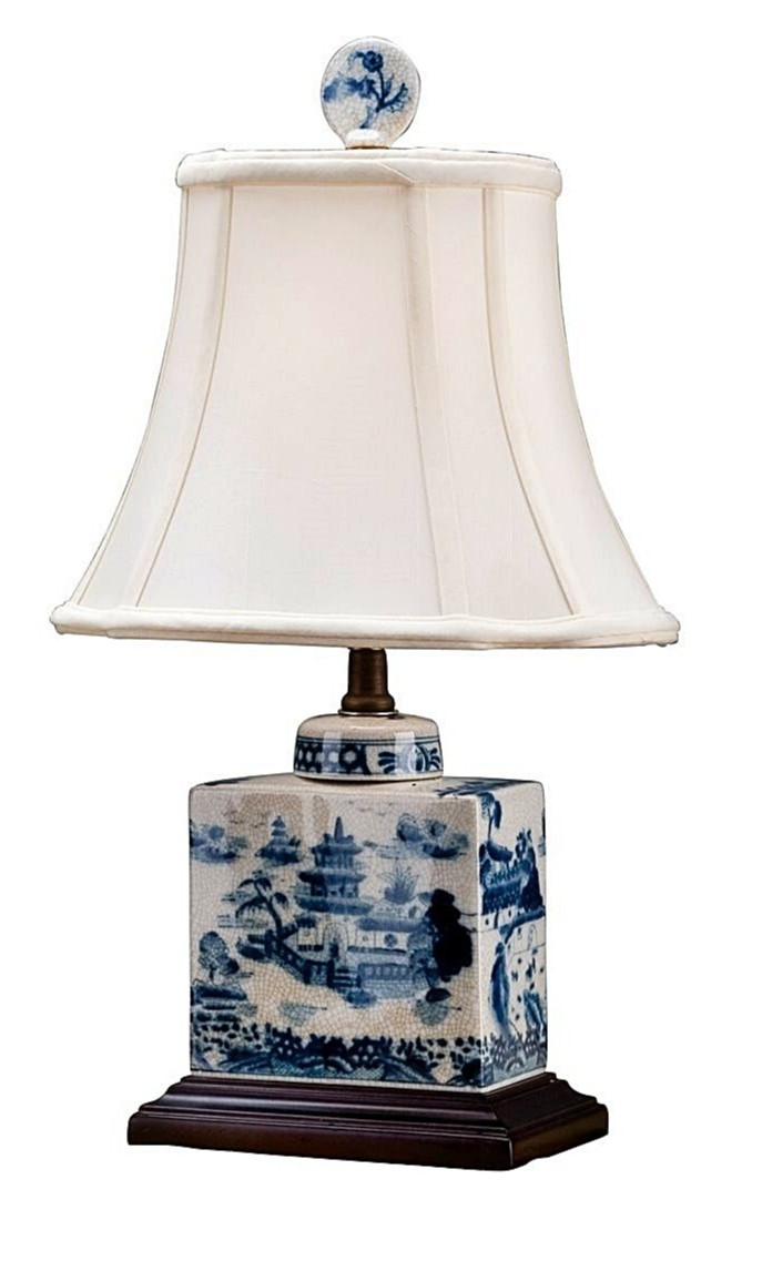 Blue, White Rectangular Box Chinoiserie Lamp. Hand Painted. With Lampshade.