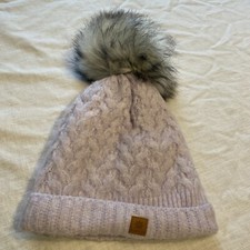 Woolk Fur Pom Knit Beanie Purple with Gray Pom Pom One Size