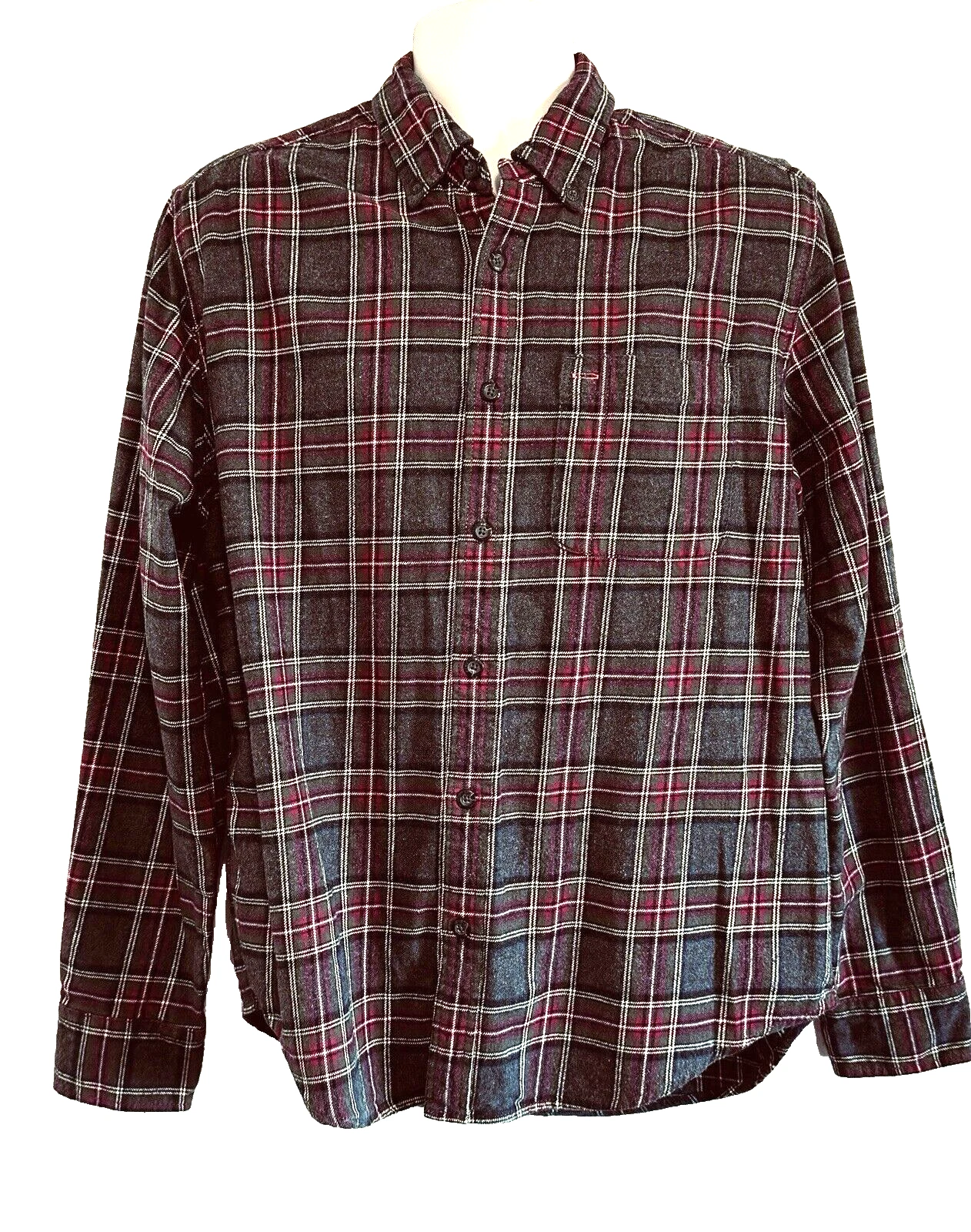 Eddie Bauer Men's Button Up Plaid Flannel Shirt Size Large Long Sleeves Gray Red