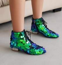 Women's Sequin Lace Up Ankle Boots Low Chunky Heel Shoes Pointy Toe Wedding New