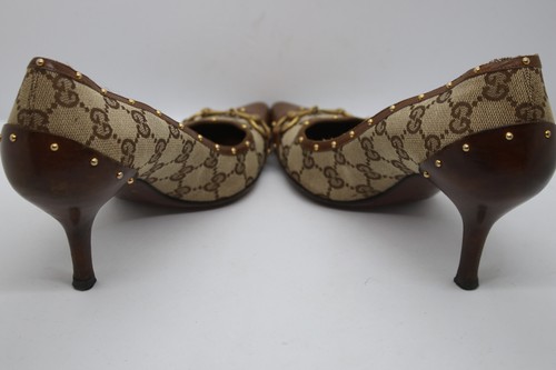 Vintage GUCCI GG Monogram Canvas Leather Gold Studded Accent Pumps Heels 7 37.5 - Picture 5 of 8