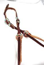Harness Leather One Ear Headstall Horse Rich Brown Copper Arrow Turquoise Concho