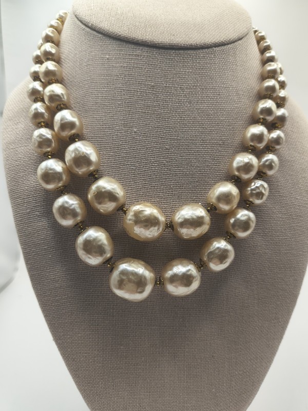 Miriam Haskell Vintage Necklace Baroque Pearl, Gold Tone Double Strand Graduated