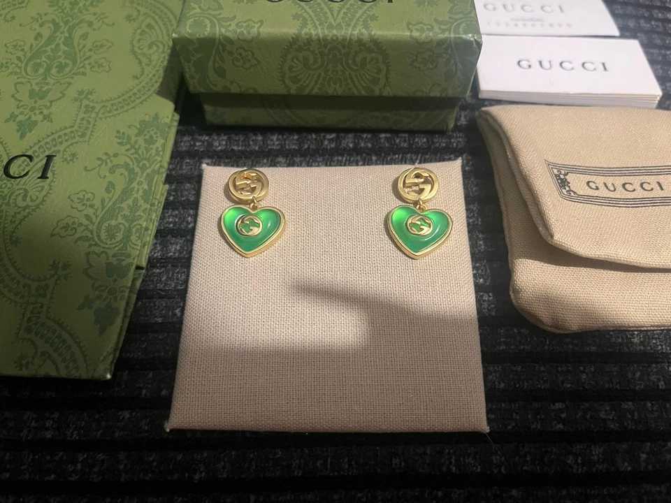 Gucci Gg Heart Green Dangle Earrings Stud Gold Plated - Image 2 of 4