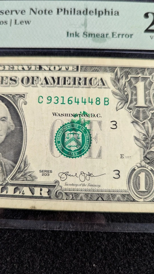 $1 2013 FRN Phil FR#3002 C ink smear error 25 VF POP 1 - Image 2 of 4