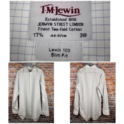 T M Lewin 100 Slim Fit Blue Check Dress Shirt Finest Two-Fold Cotton 17.5/38