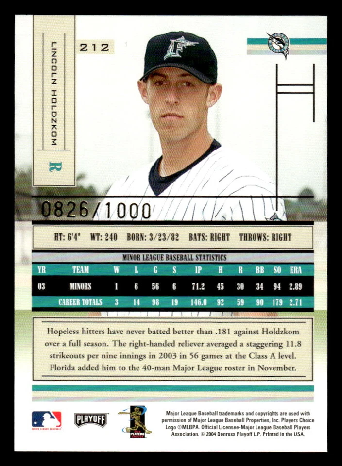 2004  Playoff Absolute Memorabilia #215 LINCOLN HOLDZKOM Rookie /1000! Marlins - Image 2 of 2