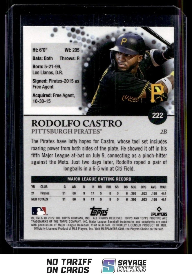 2022 Topps Pristine Rodolfo Castro RC #222 Pittsburgh Pirates - Image 2 of 3