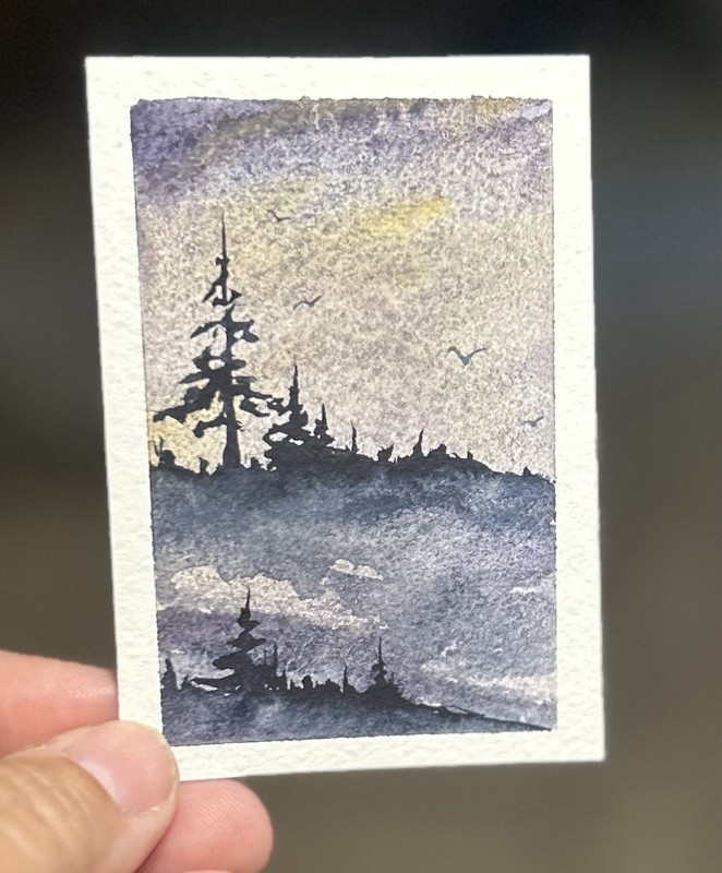 ACEO Watercolor Painting, Soft Blue Sky Landscape, Signed By Sasha Lehto