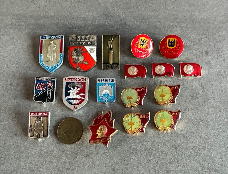 Soviet Russian Lot of 17 Pins + Coin USSR Enamel Badges Mixed Vintage