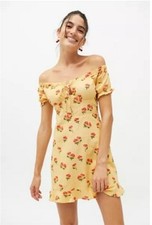 Urban Outfitters Size Medium Magpie Off-The-Shoulder Mini Dress Cherries Yellow