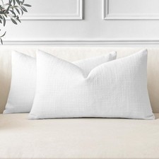Pack of 2 Throw Pillow Covers 12x20 Inch Linen White Pillowcases Farmhouse De...