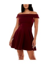 B DARLIN Womens Fit + Flare Short Dress Burgundy Short Sleeve Juniors 34