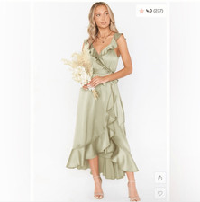 Show Me Your Mumu Samantha Ruffle Wrap Dress Moss Green Maxi Satin XS SMYM Midi