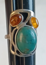Turquoise and Baltic Amber sterling silver 925 size 8 ring