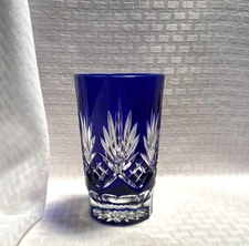 AJKA CAROLYNE HIGHBALL GLASS COBALT BLUE CUT TO CLEAR CRYSTAL HUNGARY BOHEMIAN