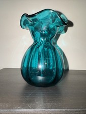Hand Blown Art Glass Teal Blue Green Fluted Ruffled Top Vase 5.5  Hx4  D Heavy