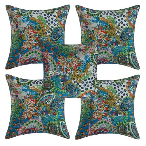 DK Homewares Set 2 Federe Cuscino Kantha 40x40 Cm - Cotone Tradizionale Con Ricamo Paisley - Colore Mango Giallo - Solo Copertura
