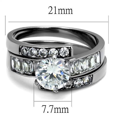 Anello Fascia Offset 2 pz Fidanzamento Matrimonio Zirconi Baguette Tonda Acciaio Inox - Foto 2 di 4