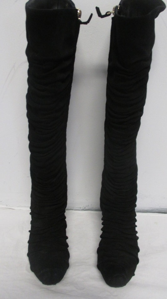 SAINT LAURENT YSL STIVALI AL GINOCCHIO SEXY AL GINOCCHIO NERI ARRICCIATI TAGLIA 37 US 7