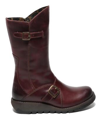 Fly London Damen Wein Mes 2 Stiefel Keilabsatz Schnalle Wadenhoch Leder Zip