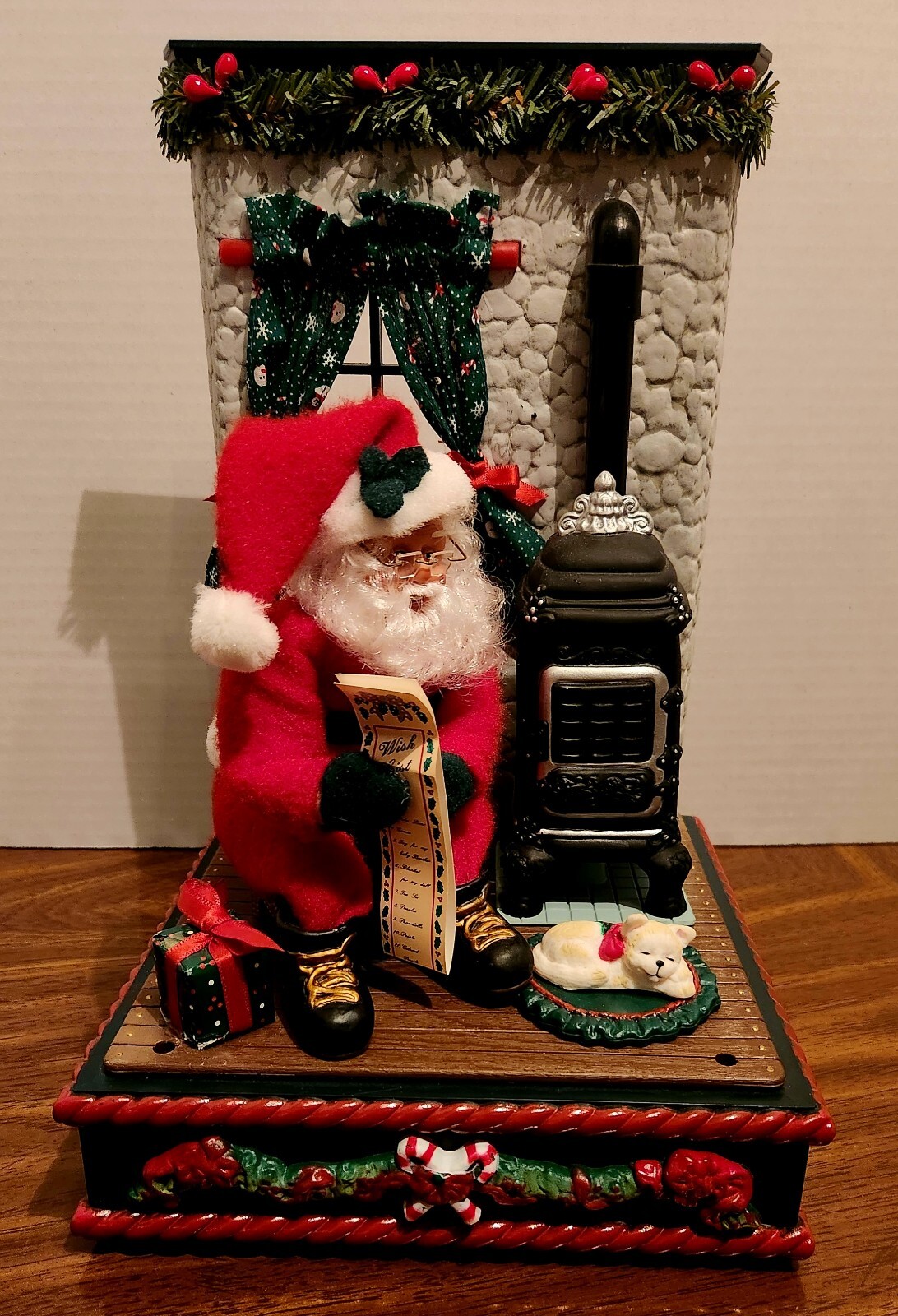 Holiday Creations Santa Next to Wood Stove WISH LIST '95 Christmas Carols