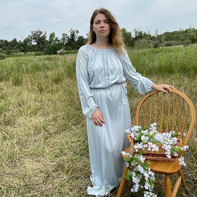 Vintage 70s Montgomery Ward Long Floral Boho Maxi Prairie Dress Baby Blue  Sz 16T