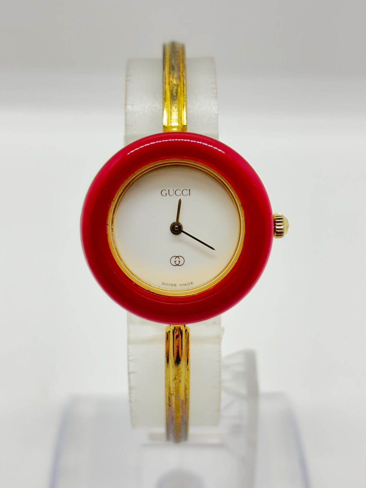 [Exc+5] GUCCI 11/12 Change Bezel Red Watch White Gold Used Working F/S