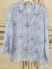 J.Jill Love Linen Striped Button Up Tunic Shirt Womens Petite Large PL Blue Whit