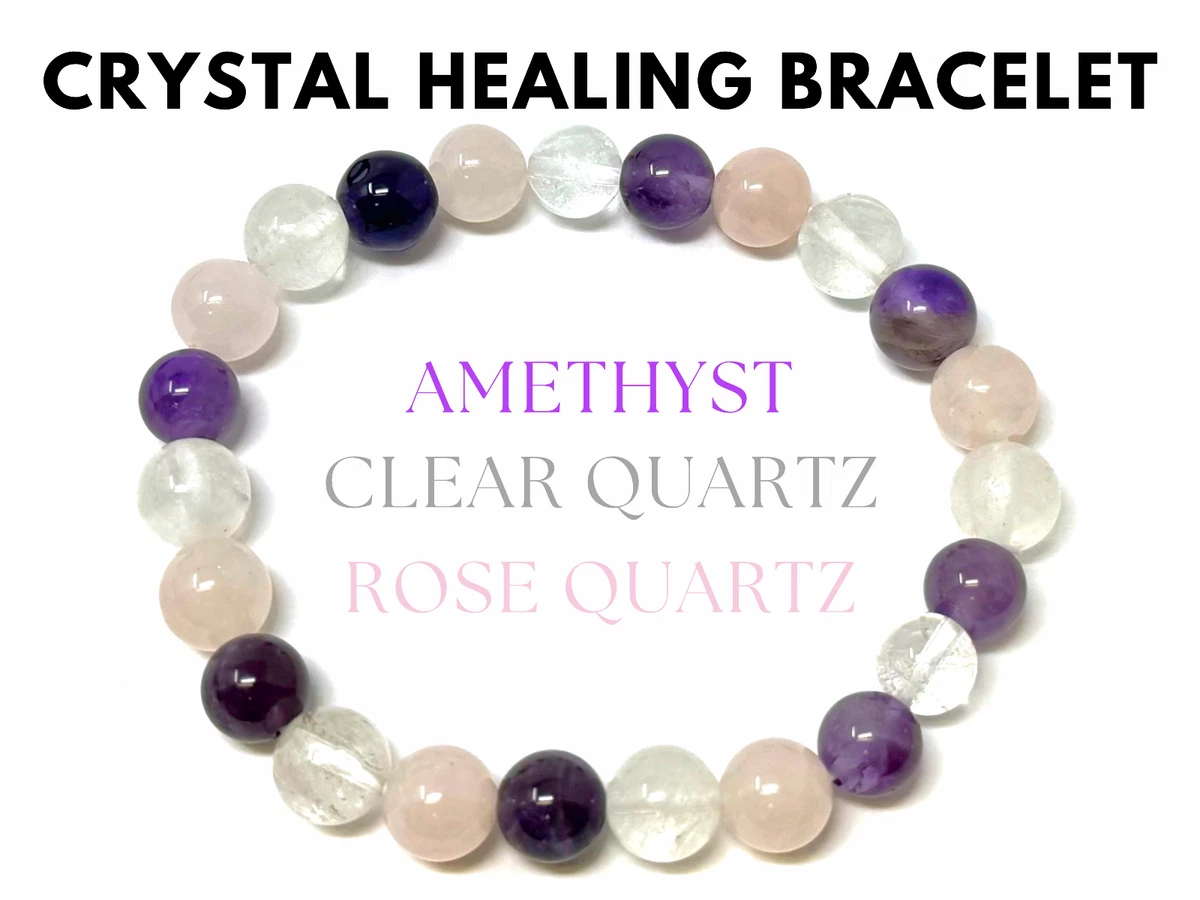 Crystal Healing Bracelet 8 mm Beads Amethyst Clear Quartz