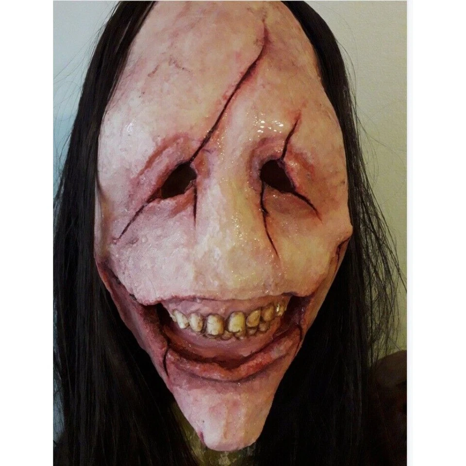 Devil Ghost Demon Cos Horror Long Hair Headgear Scary Red Face Teeth Latex Mask - Image 2 of 4