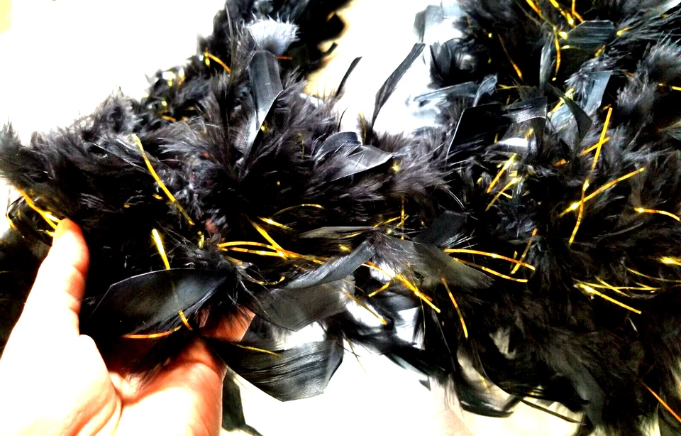 VTG Real Feather Boa Black w Gold Tinsel Accent 75" Long Flapper Opera Costume - Image 3 of 4