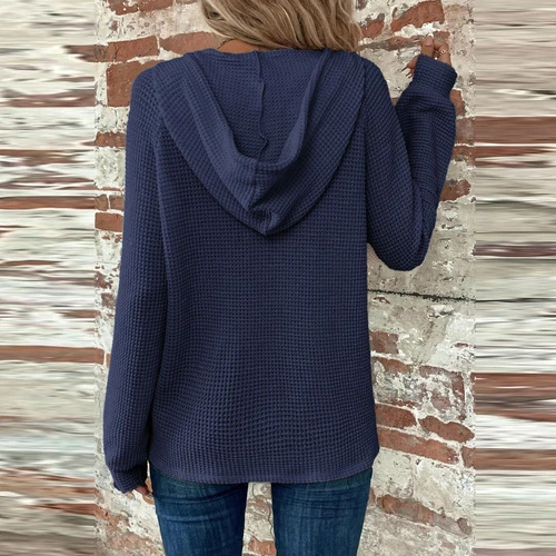 Women's hooded waffle knit button V-neck long sleeved sweater sweatshirt top- - Bild 12 von 43