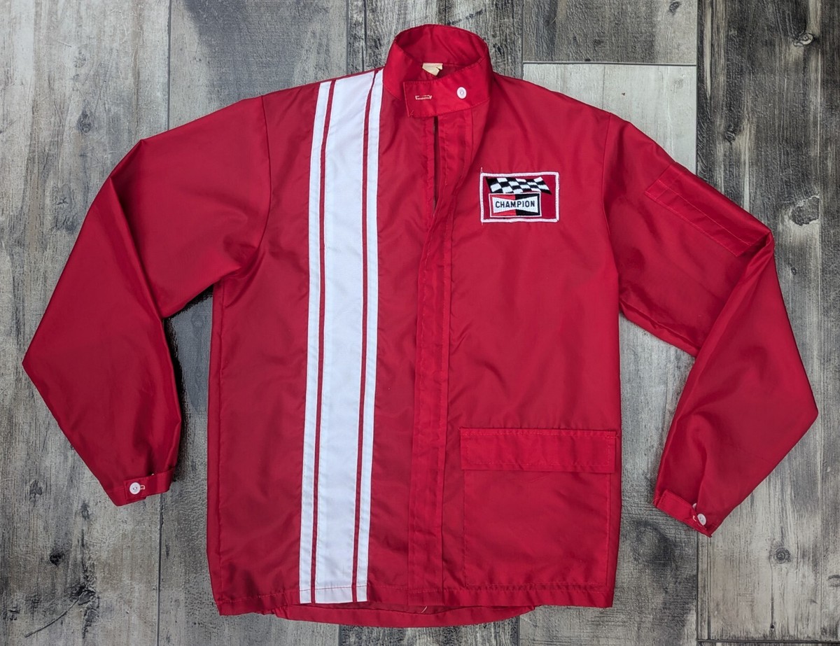 VTG 70s Mens Nylon Champion Spark Plugs Racing Stripe Jacket USA 
