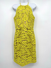 Trina Turk Neon Yellow Lace Over Nude Halter Sheath Silk Elegant Party Dress - 6